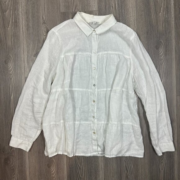 J. Jill White Linen Button Down Tiered Shirt Size L - Picture 1 of 6